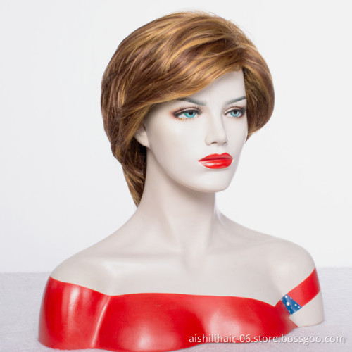 Wholesale natural  stort mix golden and  brown fibre synthetic hair wigs for women